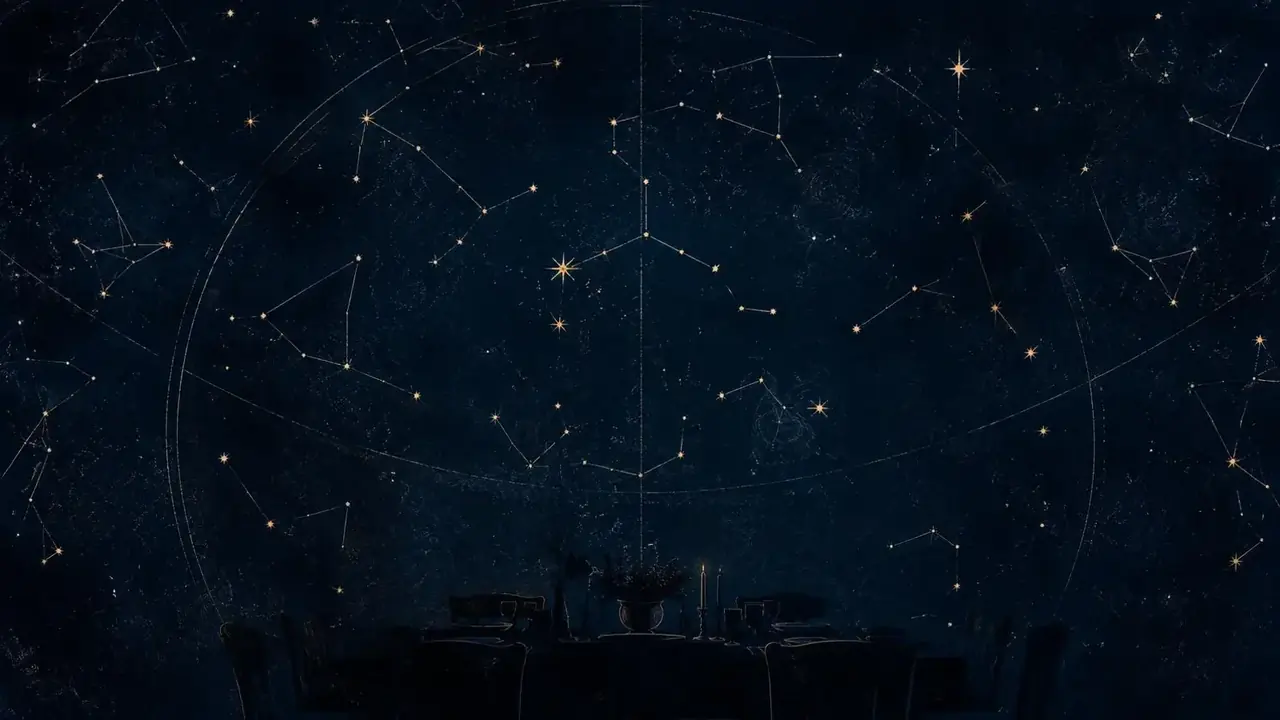 51短剧手机版栏目页视觉图 51短剧手机版星光热榜栏目视觉:银线星座图与餐桌剪影